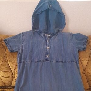Rare Vintage Blue Hooded Short Sleeve Denim Dress With Shoulder Pads